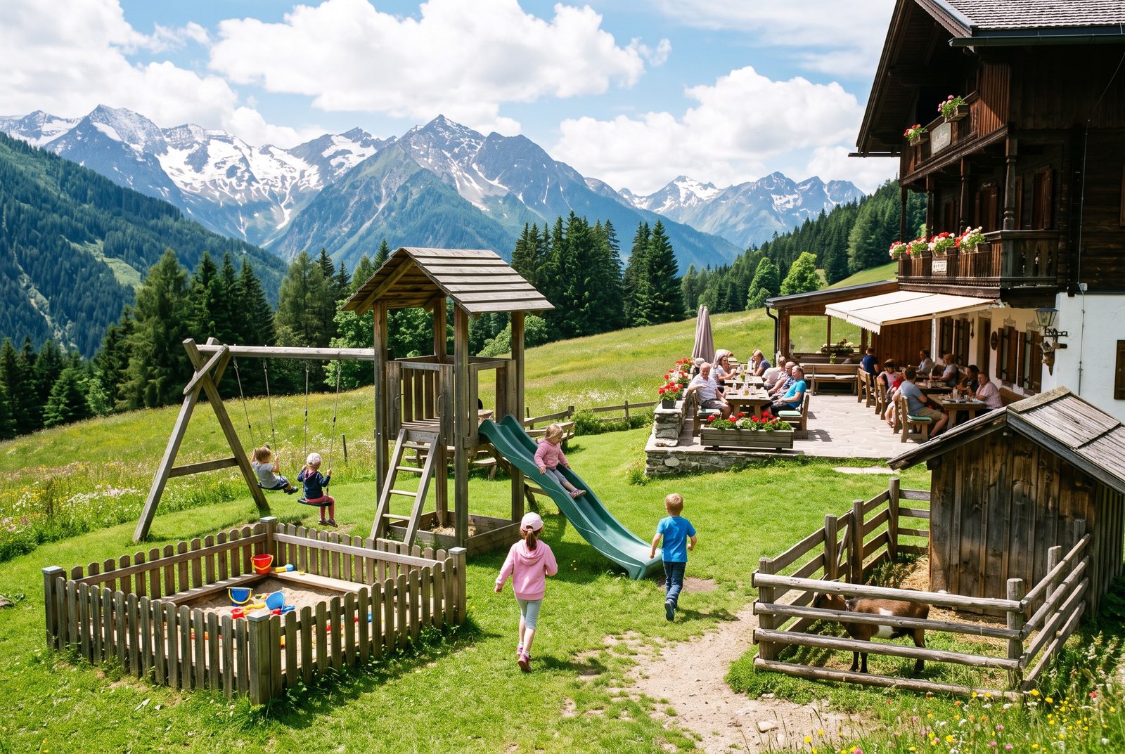 Holzspielplatz mit Kletterturm, Rutsche, Schaukel und Sandkiste neben dem Gasthof
