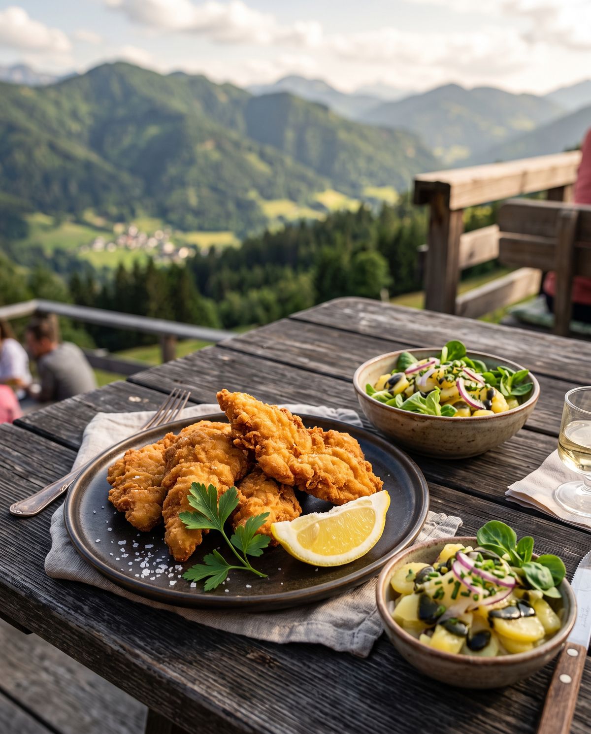Steirisches Backhendl mit Erdäpfelsalat und Kürbiskernöl