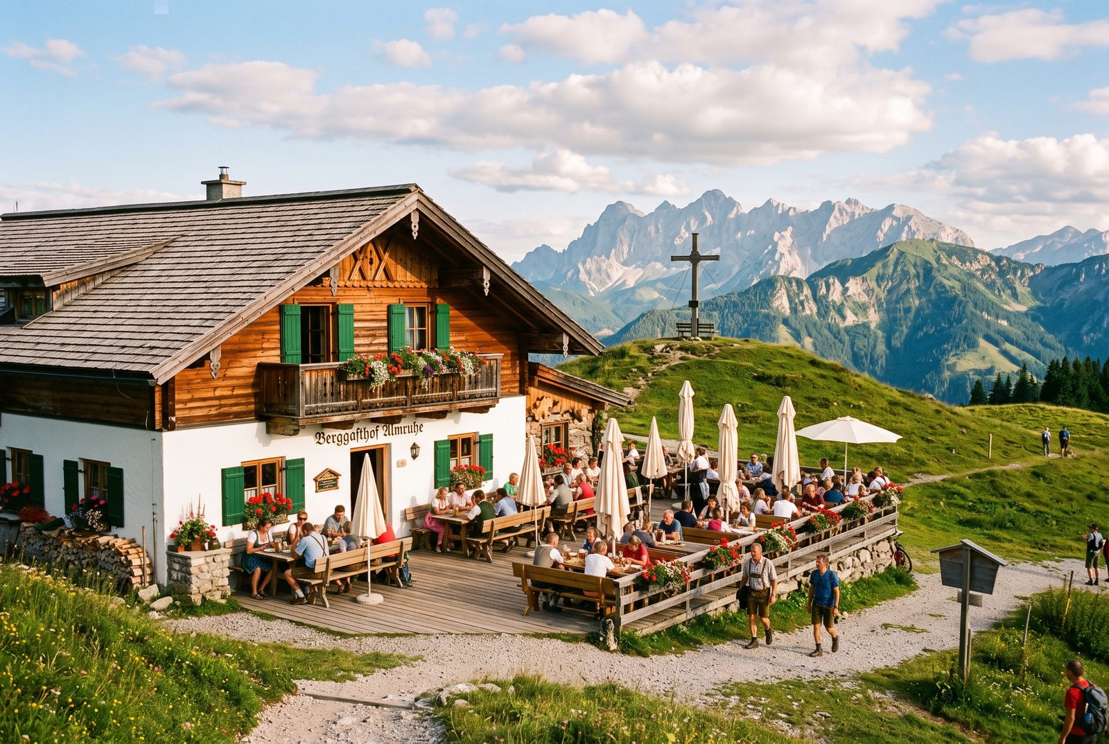 Der Berggasthof Almstern mit Sonnenterrasse auf der Alm, dahinter Gipfelkreuz und Berge