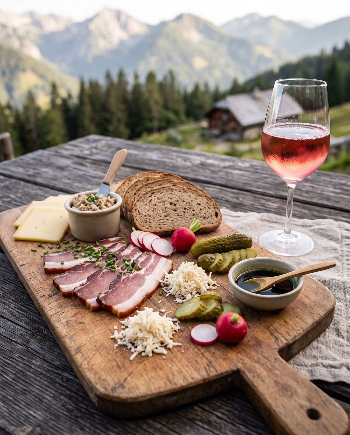 Brettljause mit Speck, Bergkäse, Verhackert und Bauernbrot