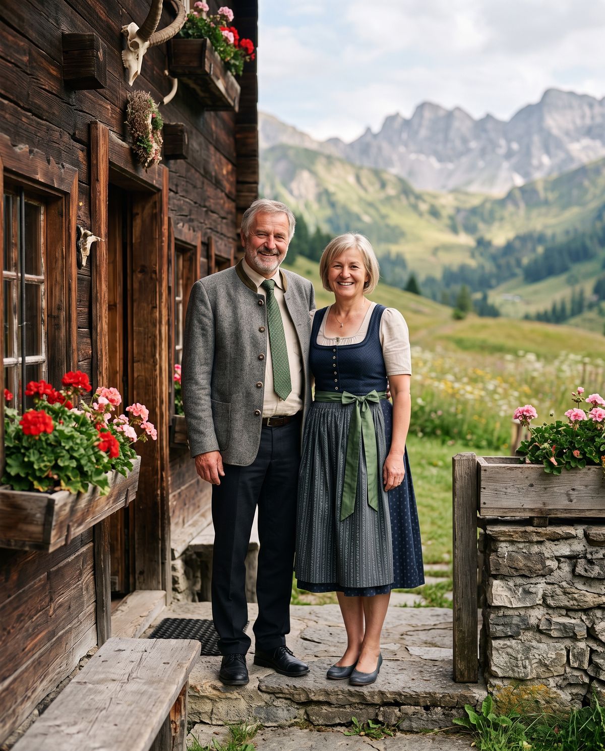 Die Gastgeber Resi und Hans Hofbauer vor dem Eingang des Gasthofs