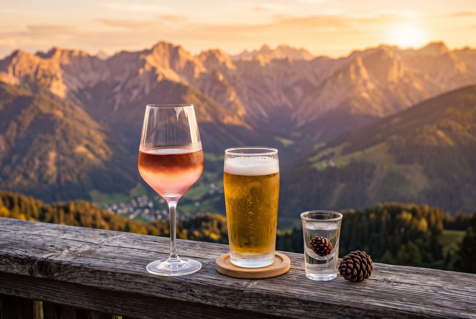 Ein Glas Schilcher, ein Bier und ein Zirbenschnaps am Terrassengeländer bei Sonnenuntergang