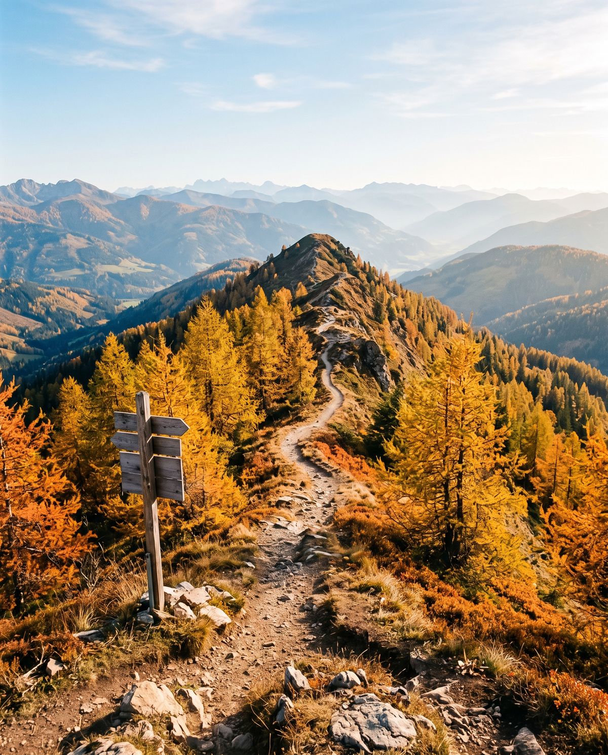 Goldene Lärchen im Herbst entlang eines Wanderwegs am Bergrücken