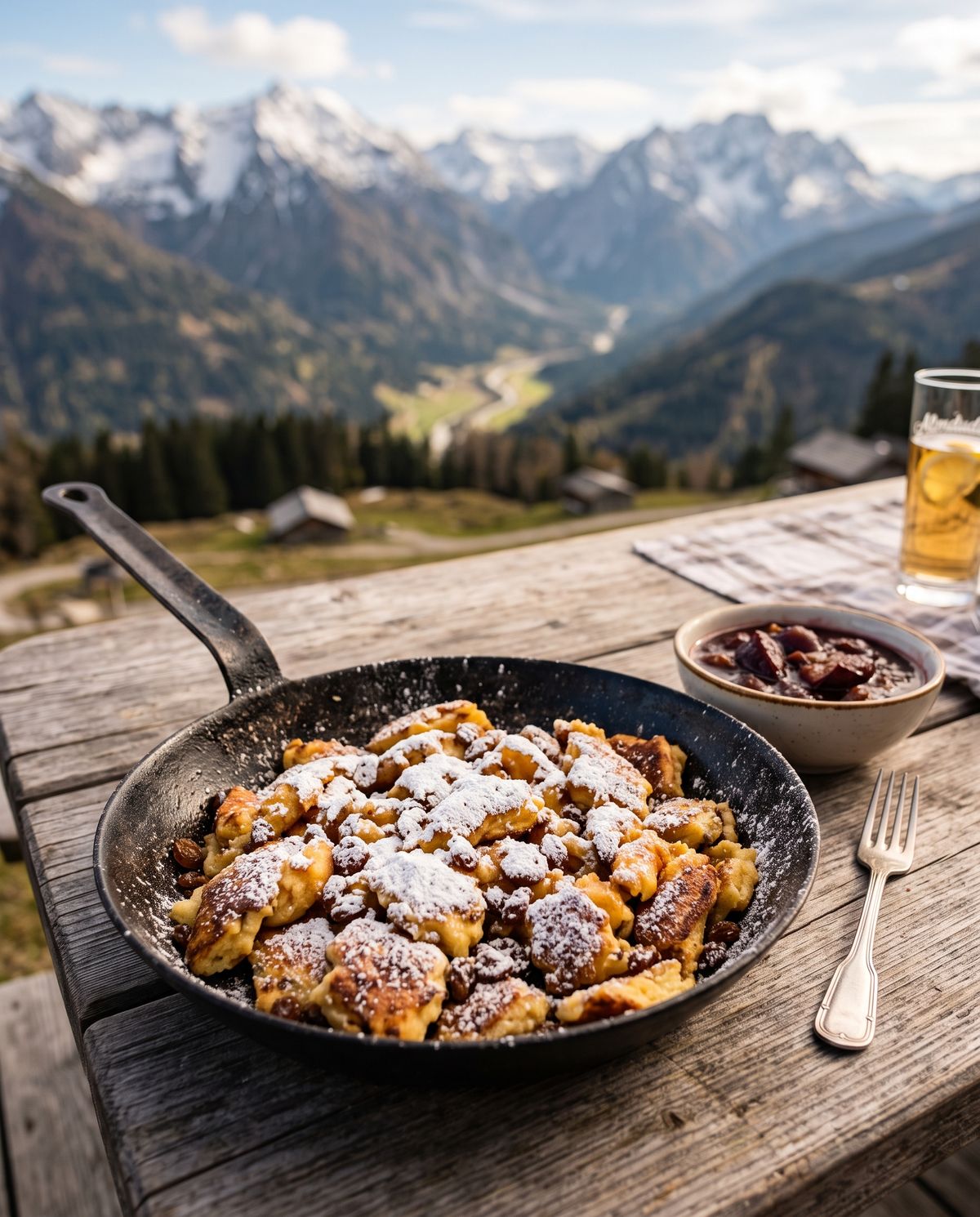 Kaiserschmarrn in der gusseisernen Pfanne mit Zwetschkenröster