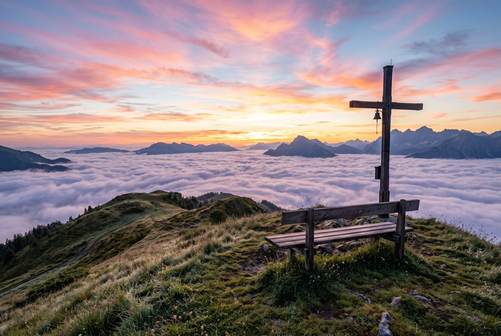 Sonnenaufgang über dem Nebelmeer mit Gipfelkreuz und Bank