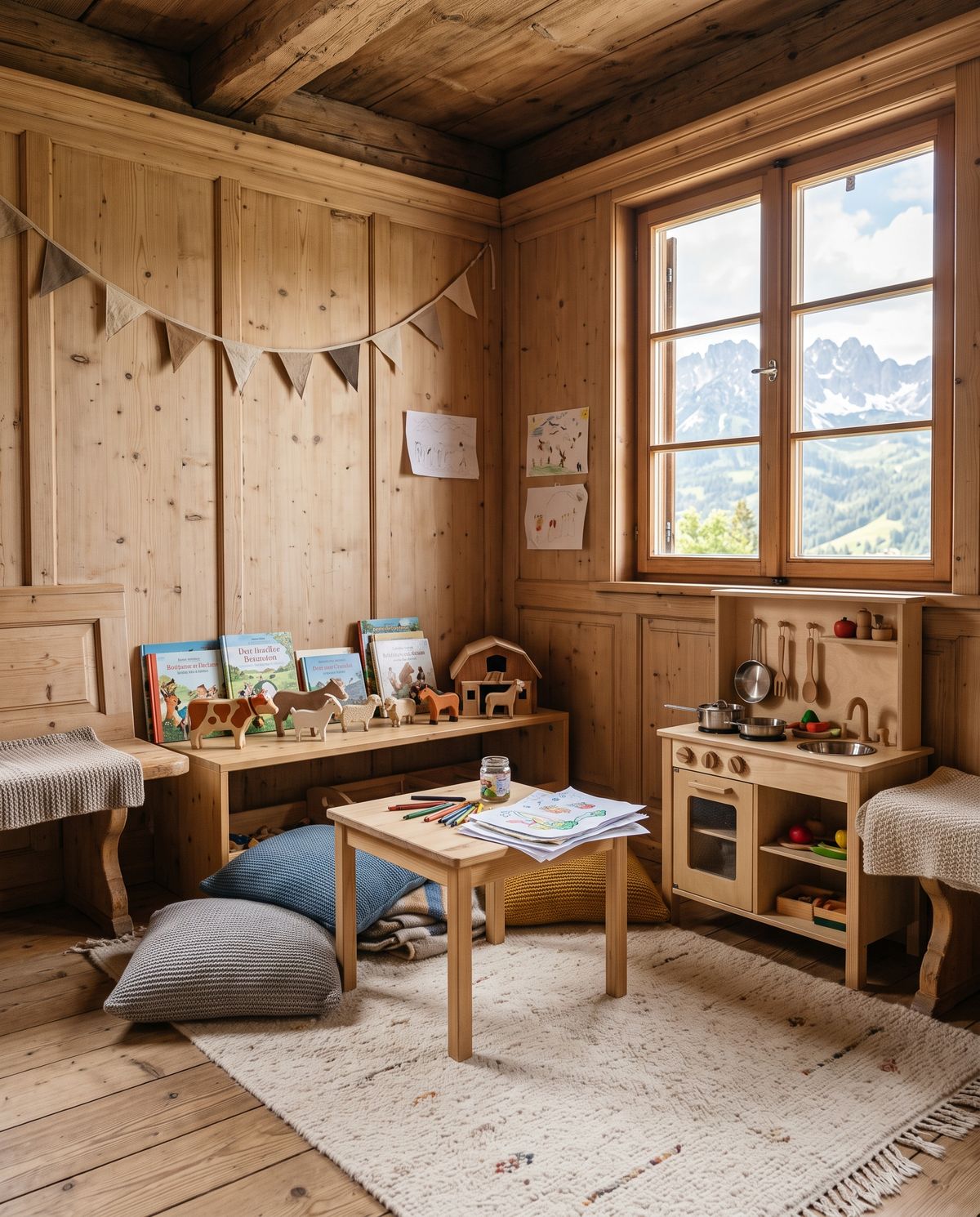 Helle Kinderspielecke aus Holz mit Maltisch, Holztieren und Kinderküche