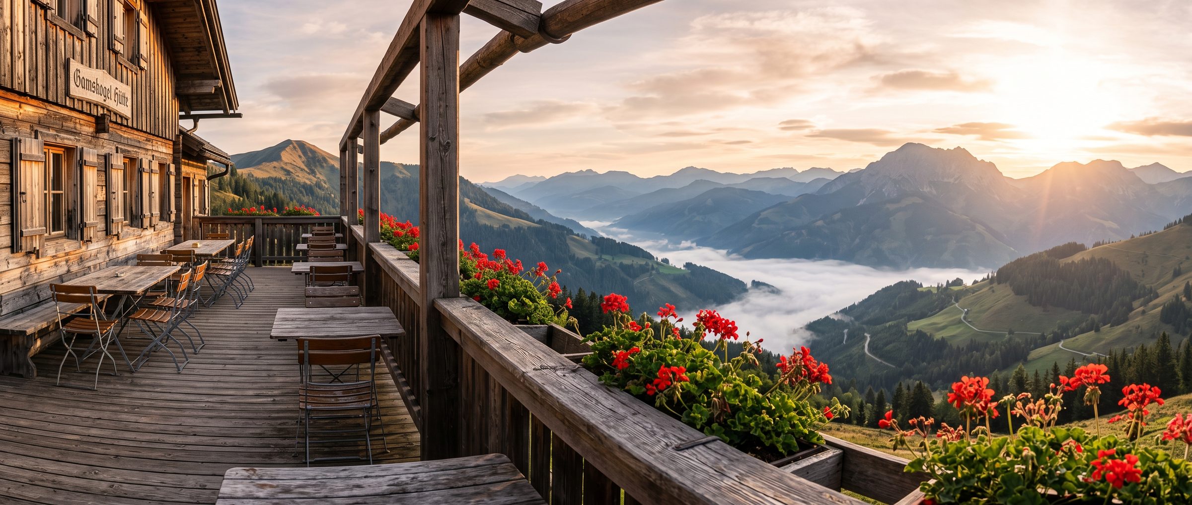 Panoramaterrasse des Berggasthofs Almstern bei Sonnenuntergang mit Blick über die steirischen Bergketten
