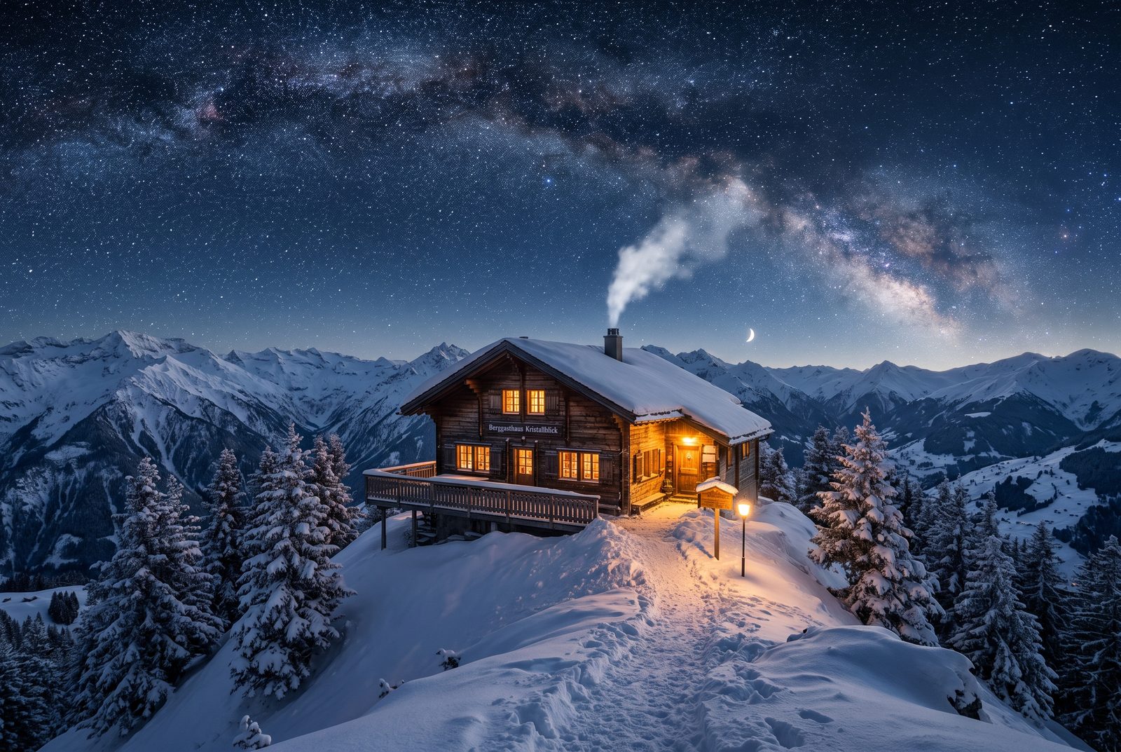 Verschneiter Berggasthof in der Nacht unter der Milchstraße